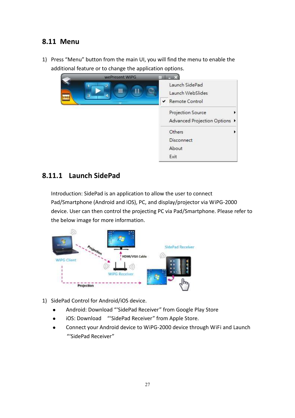 11 menu, 1 launch sidepad | wePresent WiPG-2000 User Manual | Page 27 / 72
