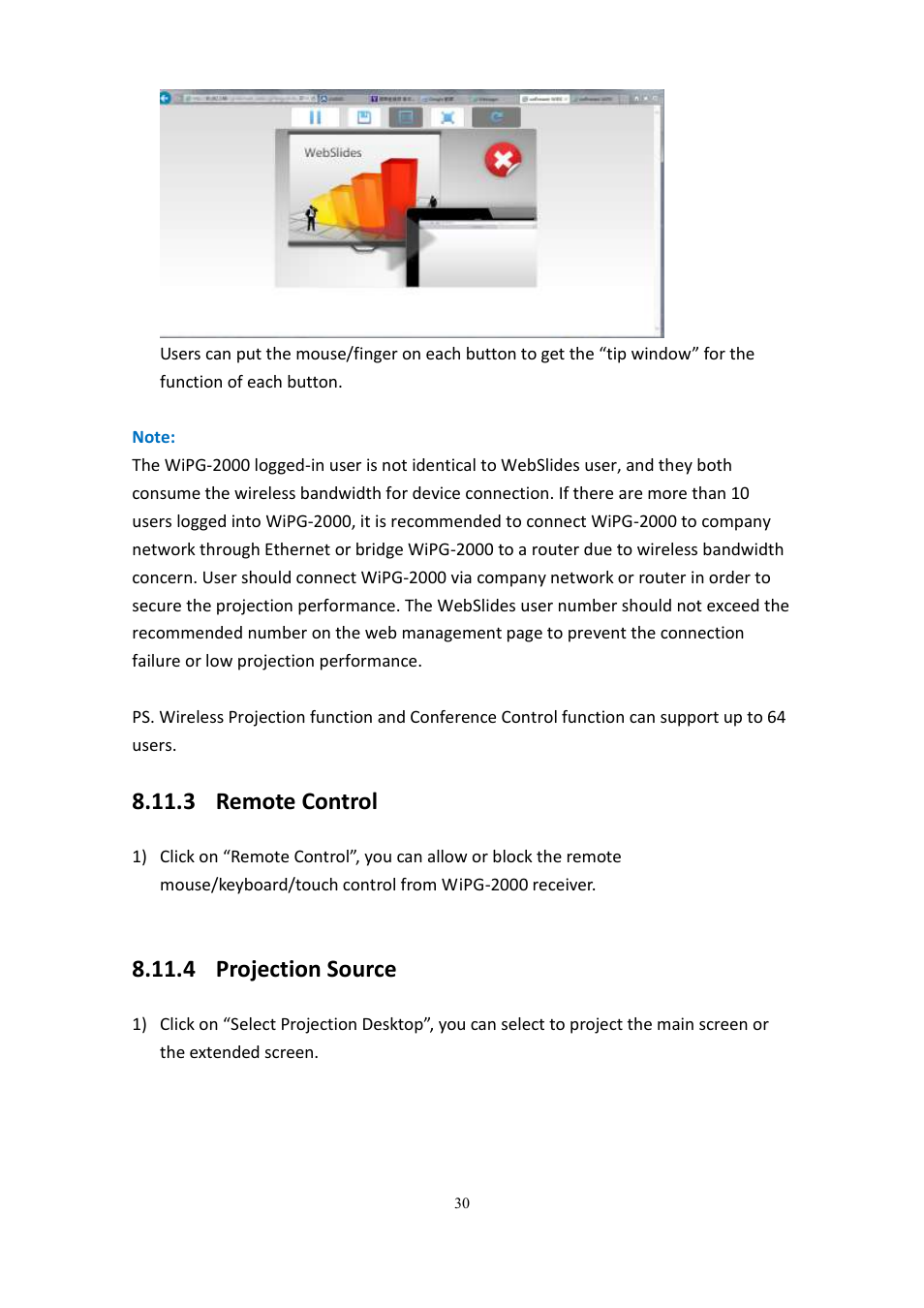 3 remote control, 4 projection source | wePresent WiPG-2000 User Manual | Page 30 / 72
