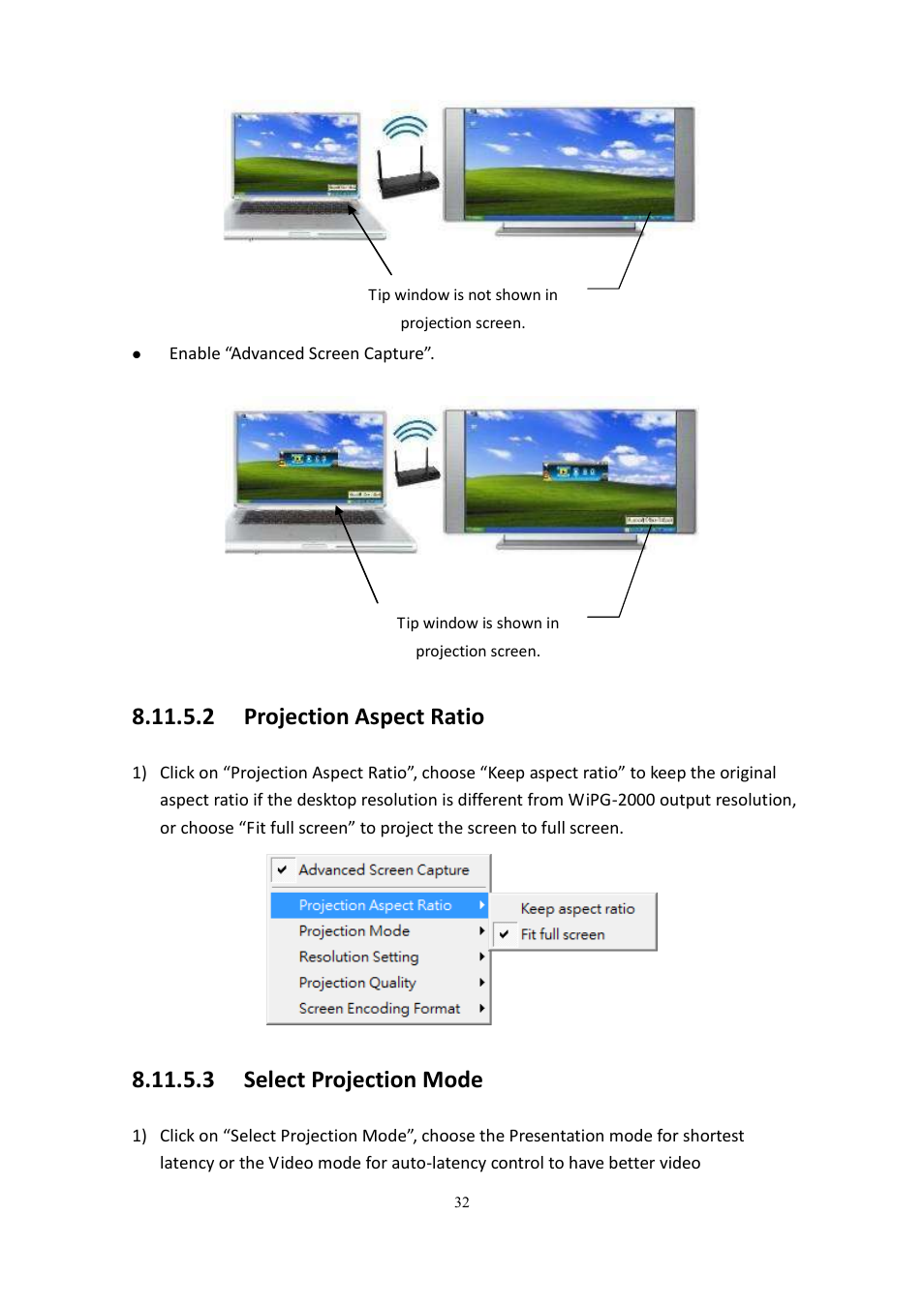 2 projection aspect ratio, 3 select projection mode | wePresent WiPG-2000 User Manual | Page 32 / 72