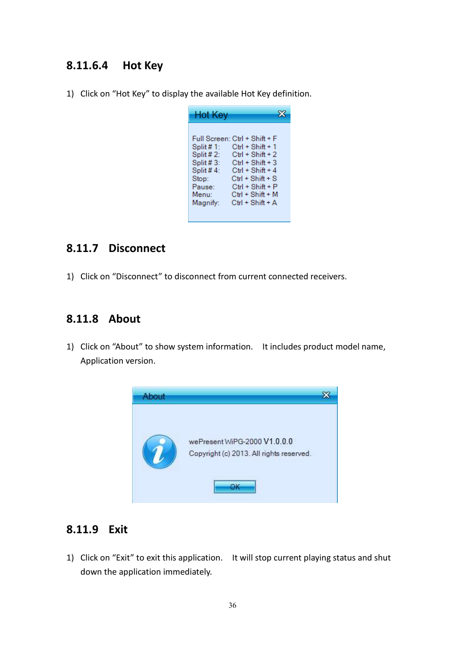 4 hot key, 7 disconnect, 8 about | 9 exit | wePresent WiPG-2000 User Manual | Page 36 / 72