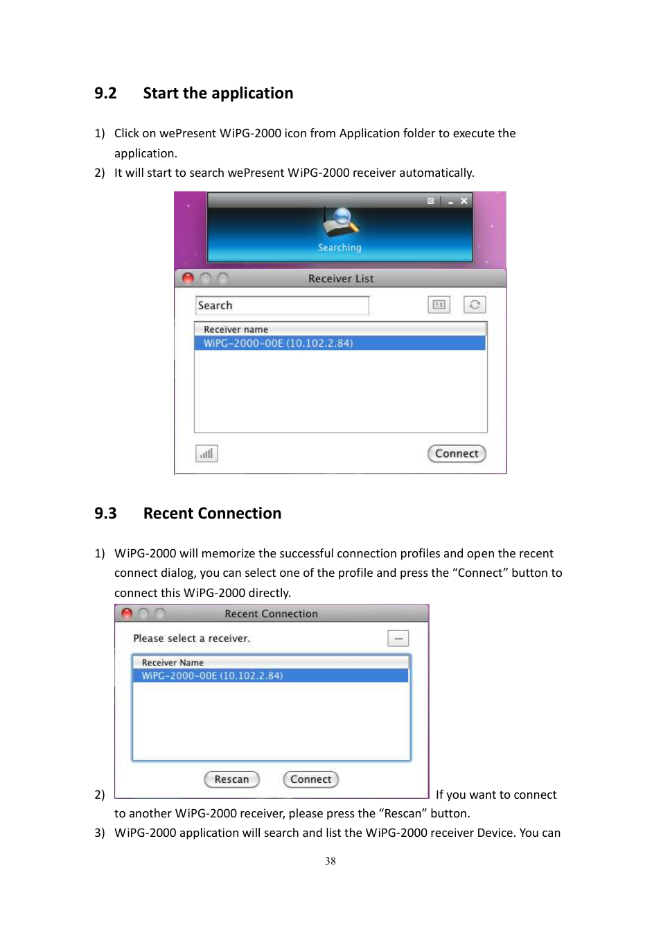 2 start the application, 3 recent connection | wePresent WiPG-2000 User Manual | Page 38 / 72