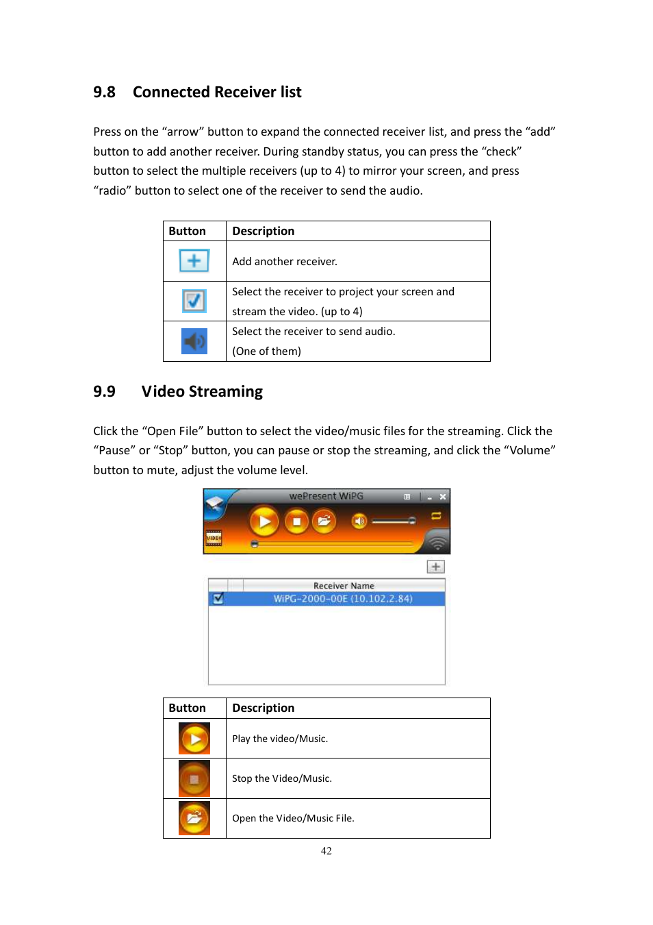 8 connected receiver list, 9 video streaming | wePresent WiPG-2000 User Manual | Page 42 / 72