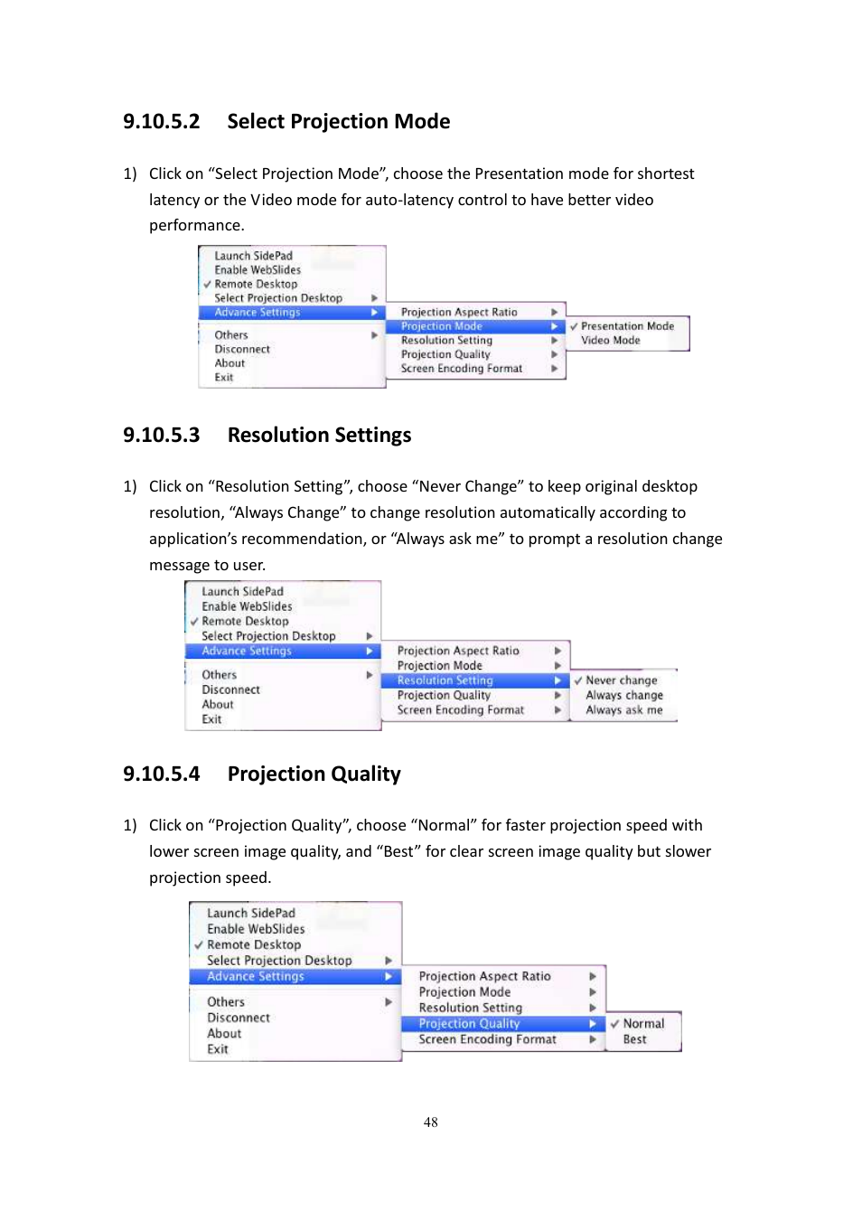2 select projection mode, 3 resolution settings, 4 projection quality | wePresent WiPG-2000 User Manual | Page 48 / 72