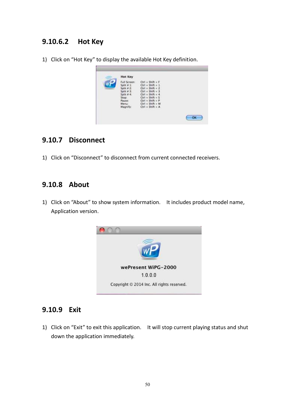 2 hot key, 7 disconnect, 8 about | 9 exit | wePresent WiPG-2000 User Manual | Page 50 / 72