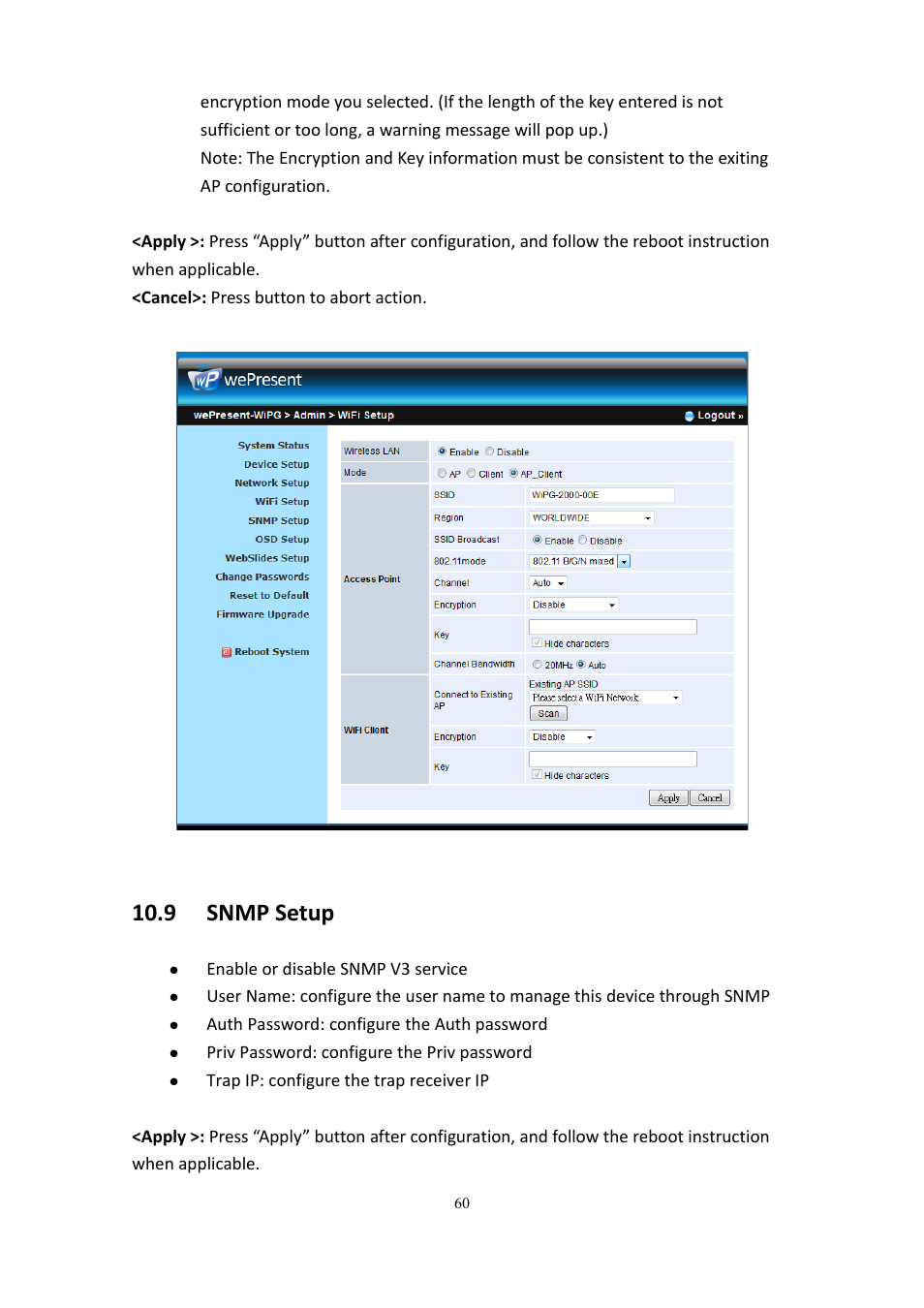 9 snmp setup | wePresent WiPG-2000 User Manual | Page 60 / 72