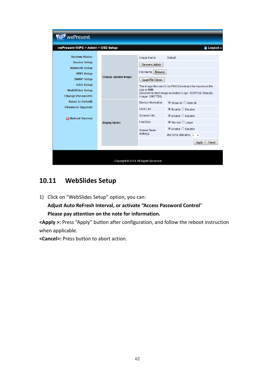 11 webslides setup | wePresent WiPG-2000 User Manual | Page 62 / 72