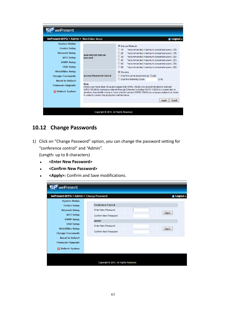 12 change passwords | wePresent WiPG-2000 User Manual | Page 63 / 72