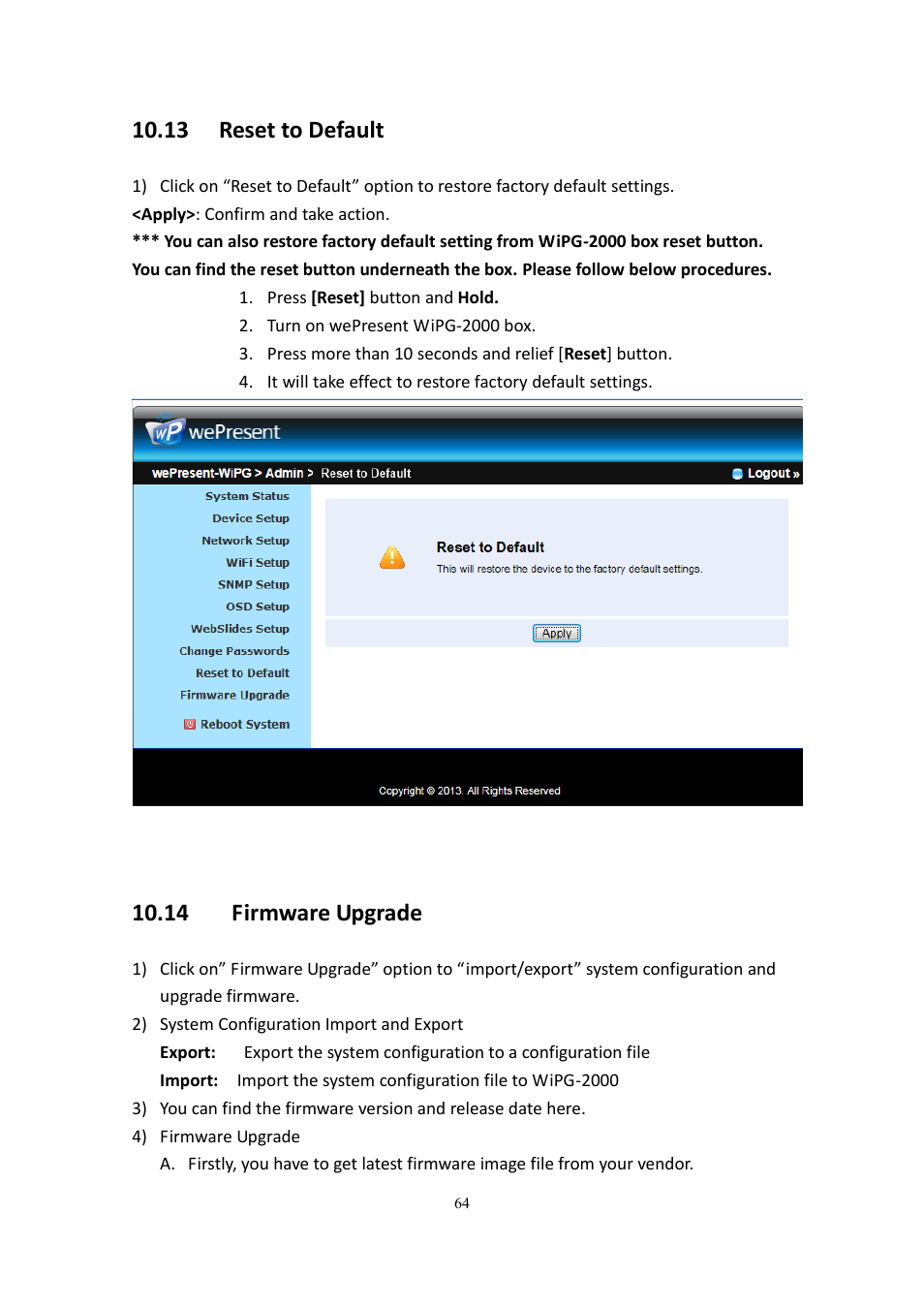 13 reset to default, 14 firmware upgrade | wePresent WiPG-2000 User Manual | Page 64 / 72