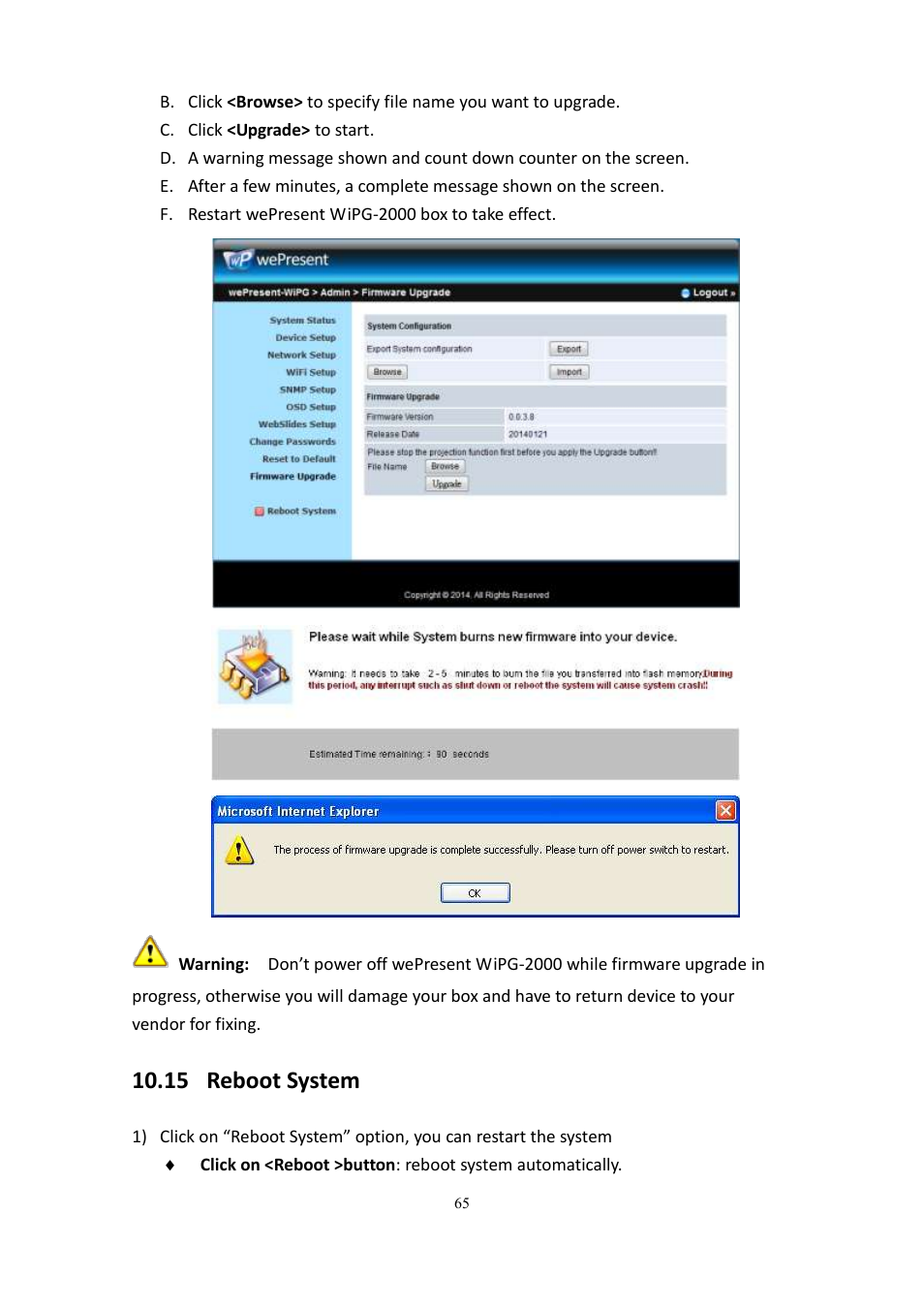 15 reboot system | wePresent WiPG-2000 User Manual | Page 65 / 72