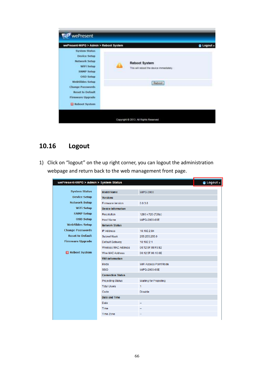 16 logout | wePresent WiPG-2000 User Manual | Page 66 / 72