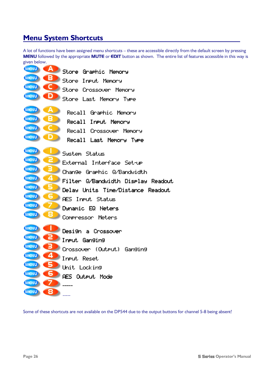 Menu system shortcuts | XTA 5 Series User Manual | Page 26 / 66
