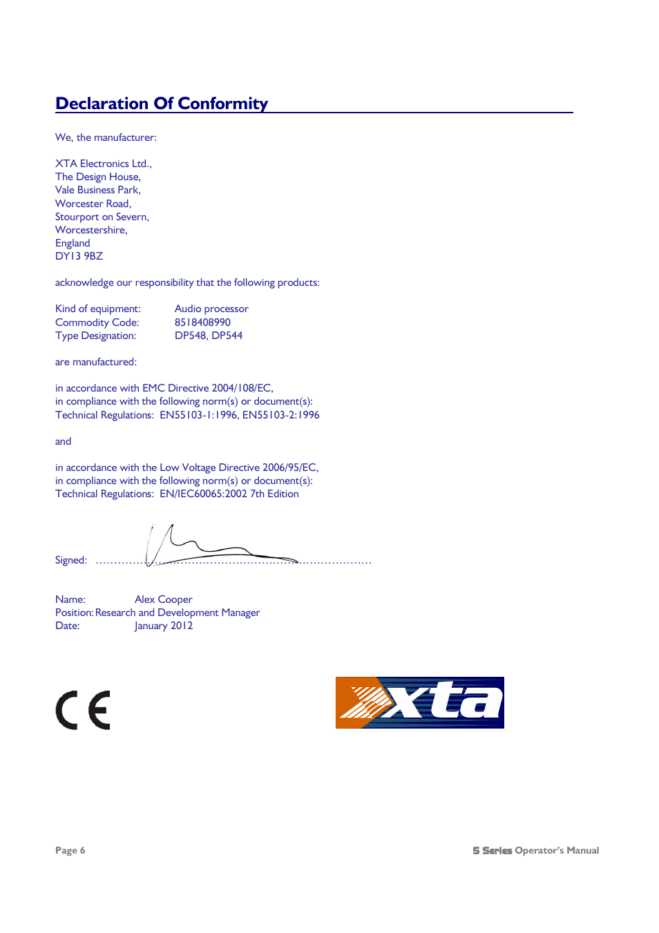 Ta x, Declaration of conformity | XTA 5 Series User Manual | Page 6 / 66