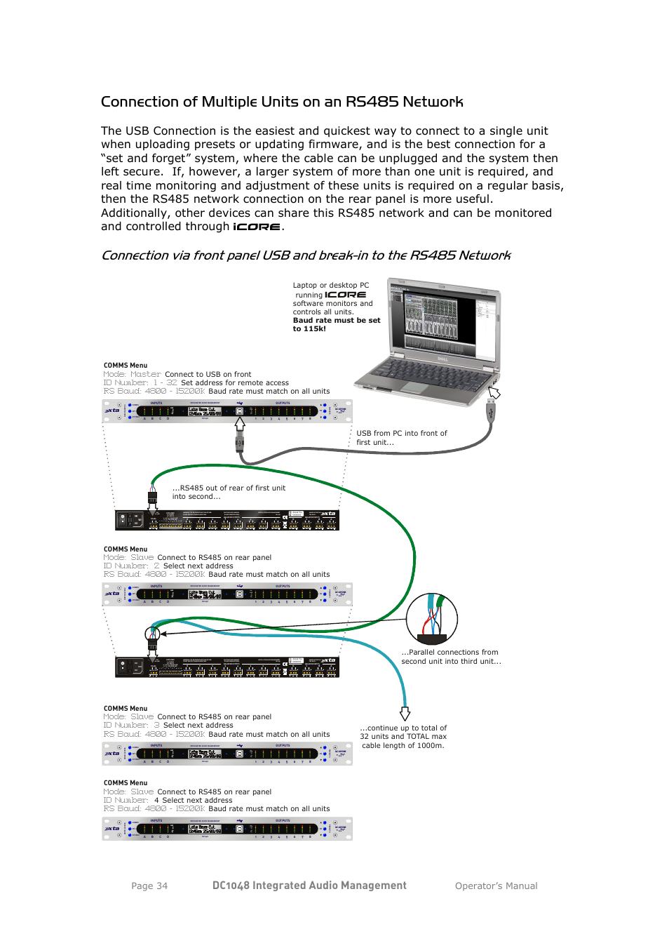 Connection of multiple units on an rs485 network, Dc1048 integrated audio management, Manufactured in the uk by | Icore, Page 34, Operator’s manual | XTA DC1048 User Manual | Page 34 / 60