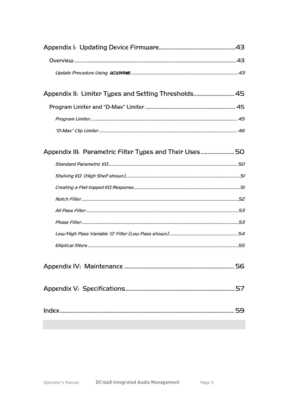 Appendix i: updating device firmware, Appendix ii: limiter types and setting thresholds, Appendix iv: maintenance | Appendix v: specifications, Index | XTA DC1048 User Manual | Page 5 / 60