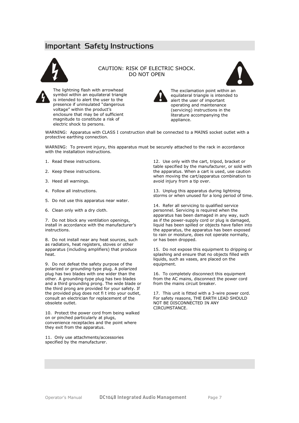Important safety instructions | XTA DC1048 User Manual | Page 7 / 60