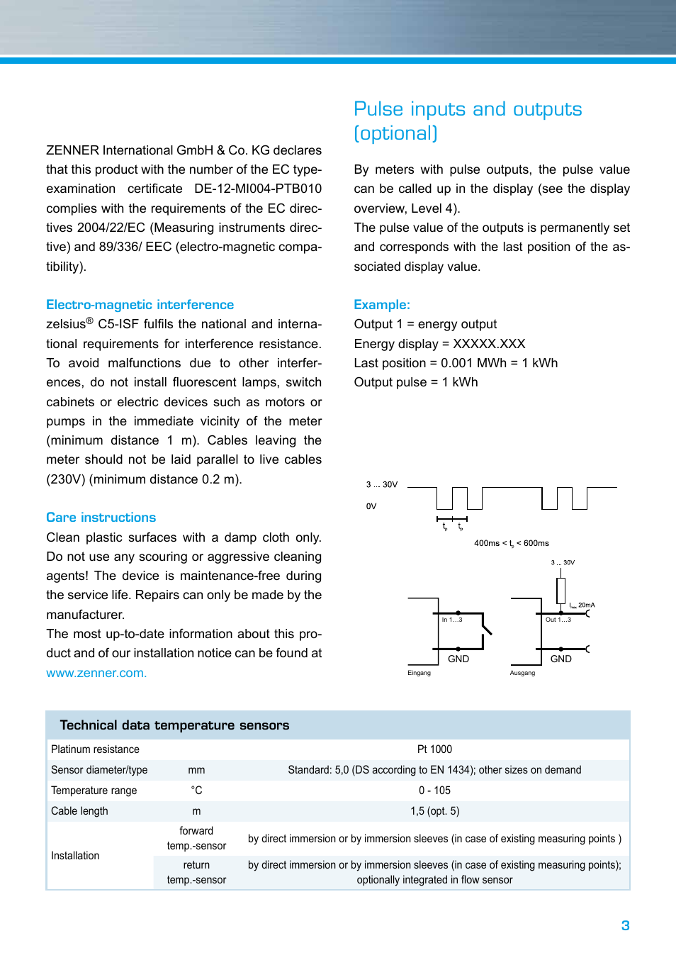 Pulse inputs and outputs (optional) | ZENNER zelsius C5 CMF User Manual | Page 3 / 12