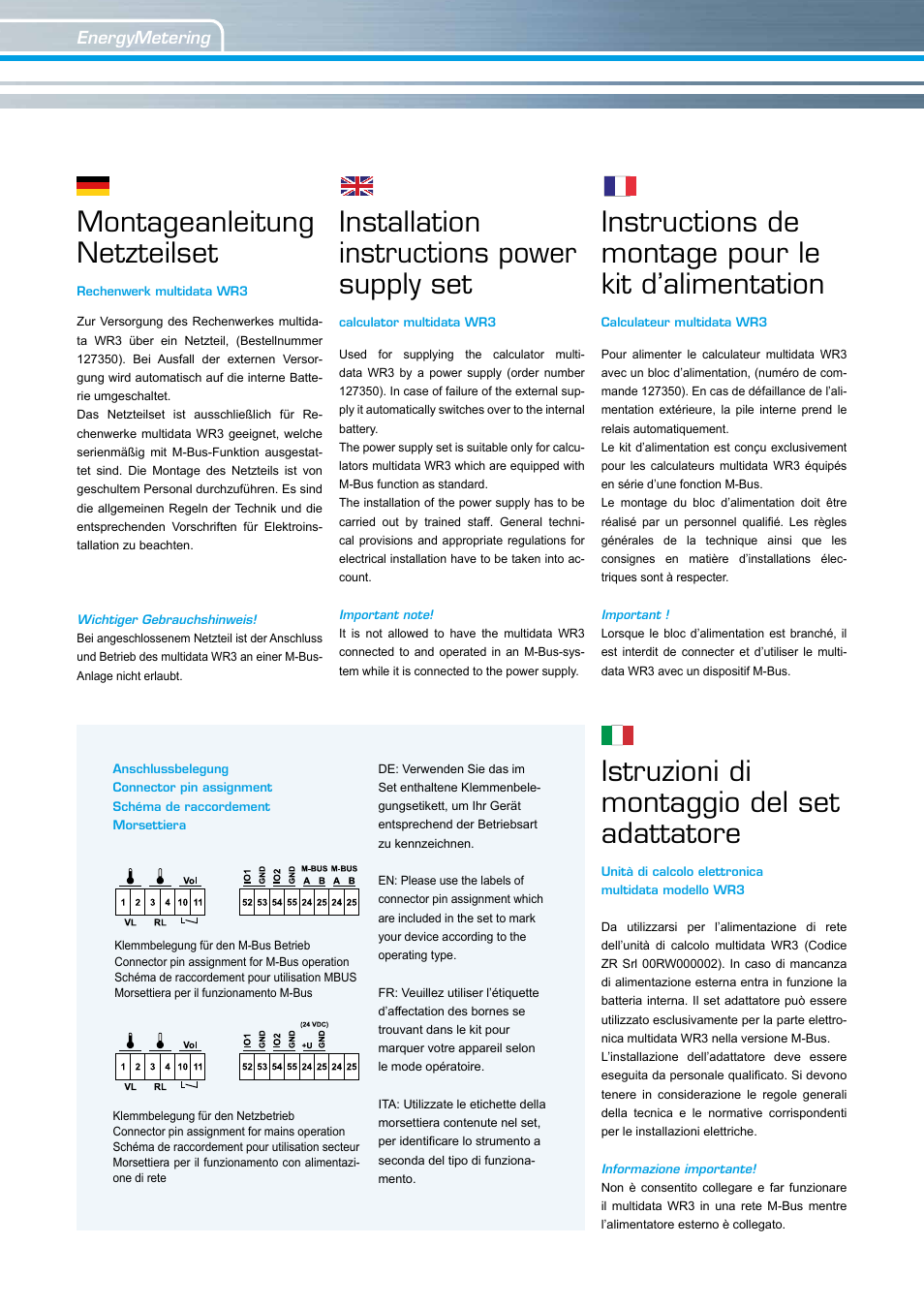 Montageanleitung netzteilset, Installation instructions power supply set, Instructions de montage pour le kit d’alimentation | Istruzioni di montaggio del set adattatore | ZENNER MULTIDATA WR3 User Manual | Page 2 / 4