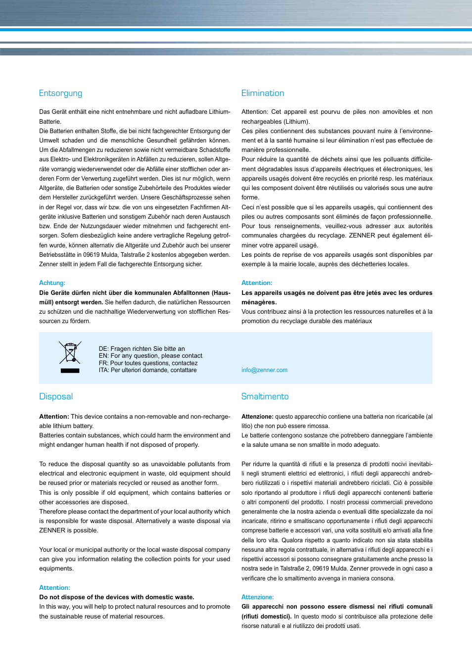 Disposal, Entsorgung, Smaltimento | Elimination | ZENNER MULTIDATA WR3 User Manual | Page 3 / 4