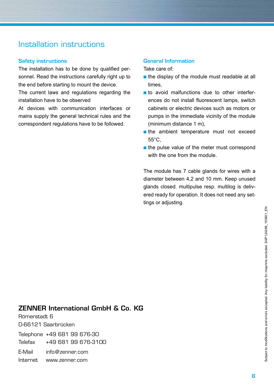 Installation instructions, Zenner international gmbh & co. kg | ZENNER multipulse User Manual | Page 6 / 12