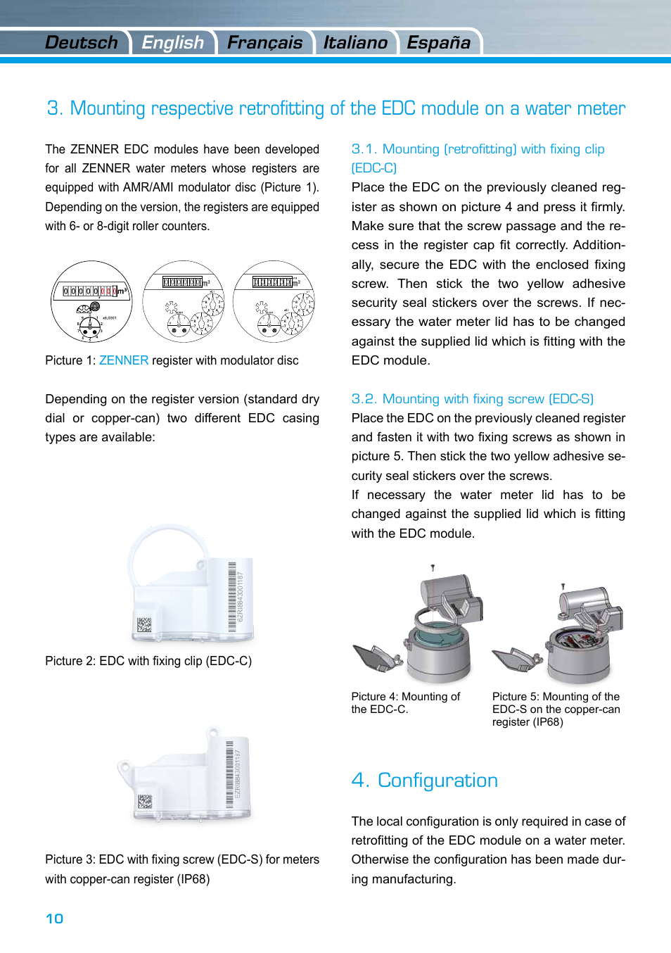 Configuration, Deutsch italiano english españa français | ZENNER EDC – Electronic Data Capture Modul User Manual | Page 10 / 36
