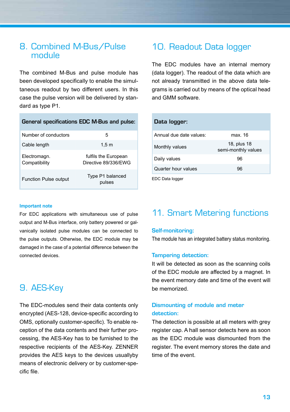 Combined m-bus/pulse module, Aes-key, Readout data logger | Smart metering functions | ZENNER EDC – Electronic Data Capture Modul User Manual | Page 13 / 36