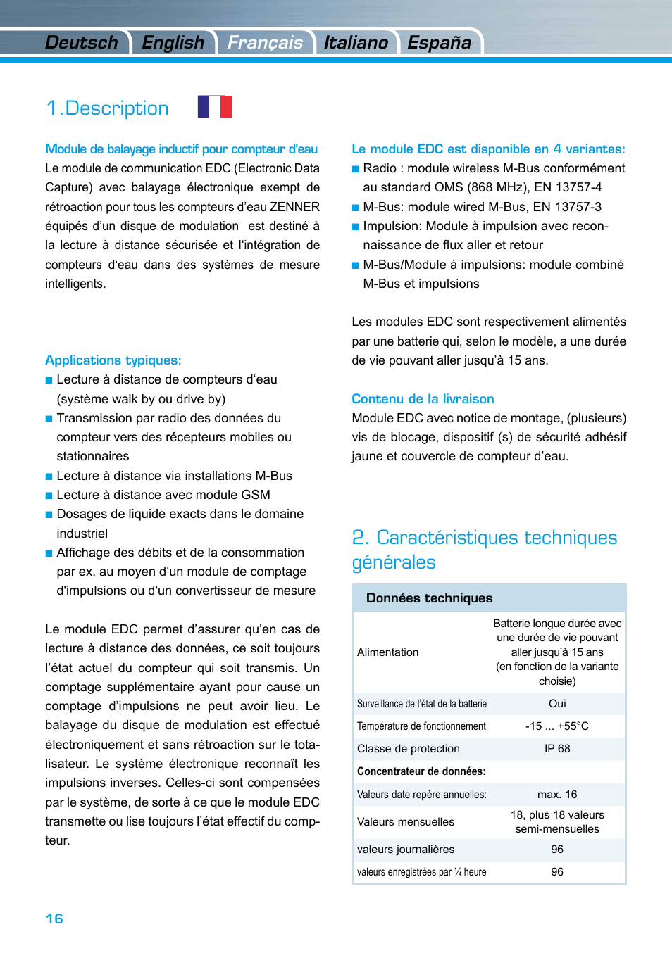 Description, Caractéristiques techniques générales, Deutsch italiano english españa français | ZENNER EDC – Electronic Data Capture Modul User Manual | Page 16 / 36