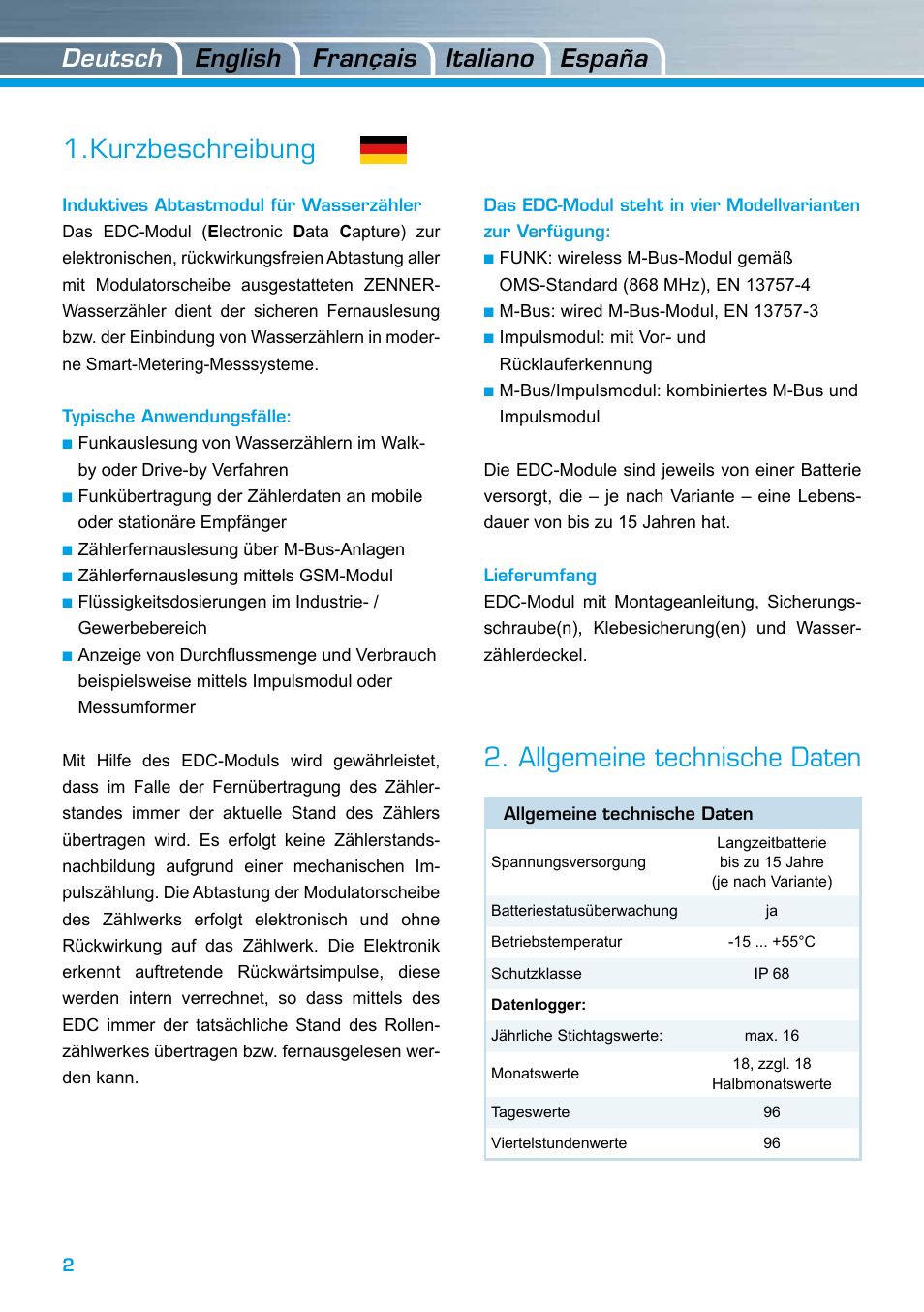 Kurzbeschreibung, Allgemeine technische daten, Deutsch italiano english españa français | ZENNER EDC – Electronic Data Capture Modul User Manual | Page 2 / 36