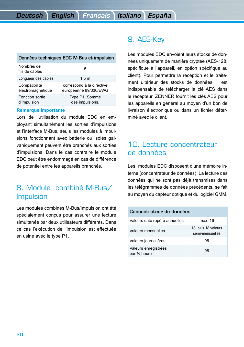 Module combiné m-bus/ impulsion, Aes-key, Lecture concentrateur de données | Deutsch italiano english españa français | ZENNER EDC – Electronic Data Capture Modul User Manual | Page 20 / 36
