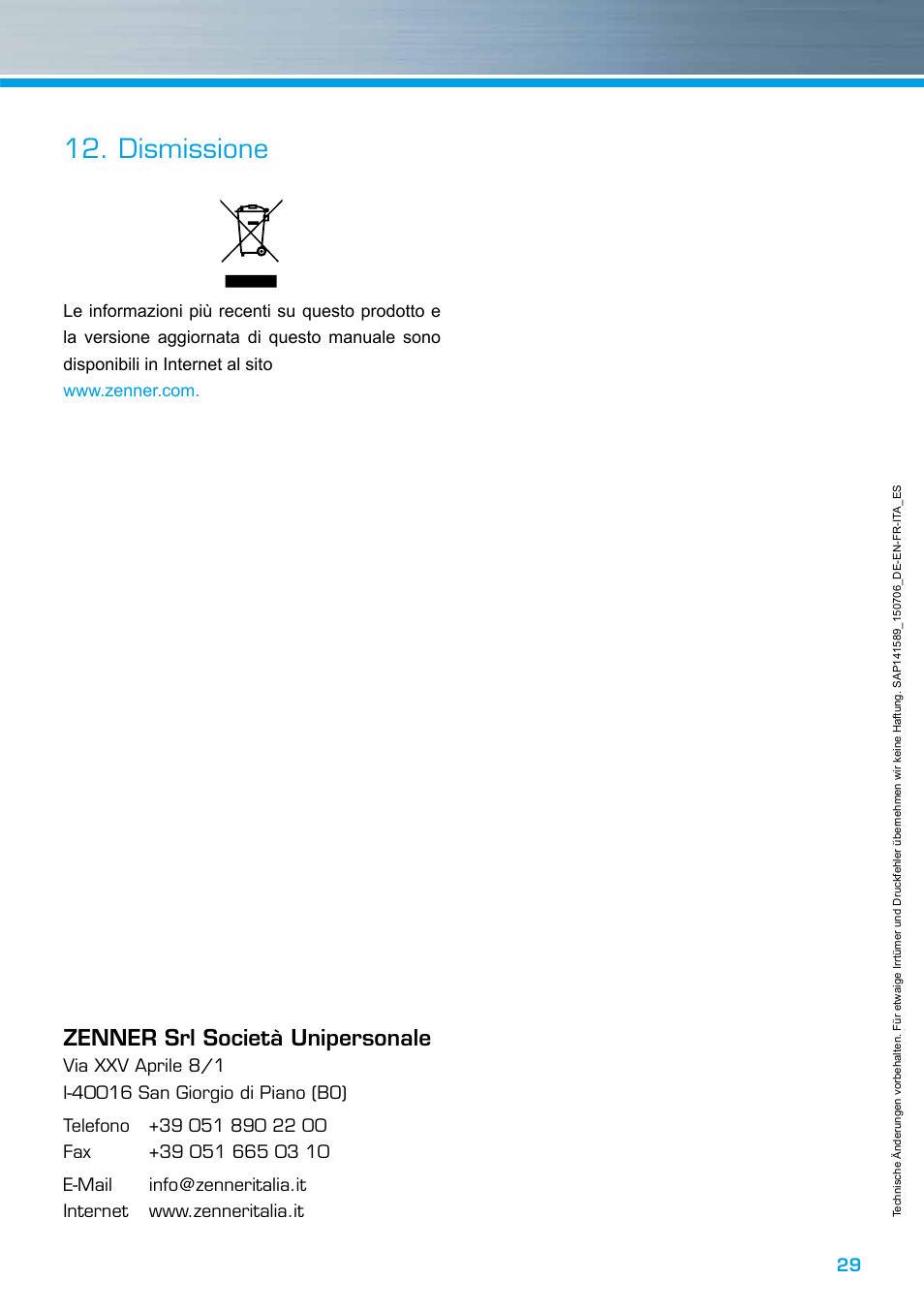 Dismissione, Zenner srl società unipersonale | ZENNER EDC – Electronic Data Capture Modul User Manual | Page 29 / 36