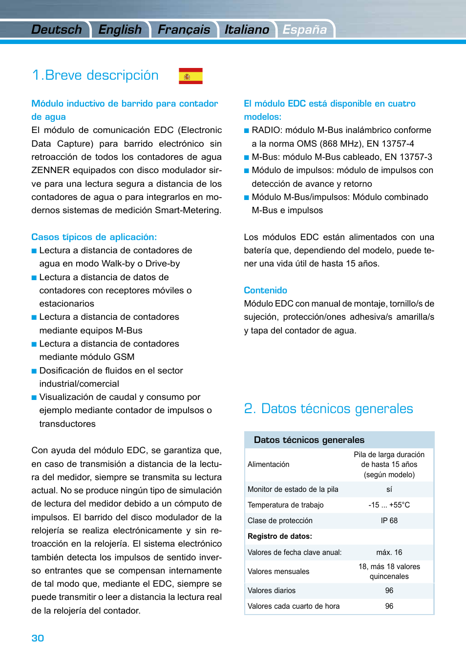 Breve descripción, Datos técnicos generales, Deutsch italiano english españa français | ZENNER EDC – Electronic Data Capture Modul User Manual | Page 30 / 36