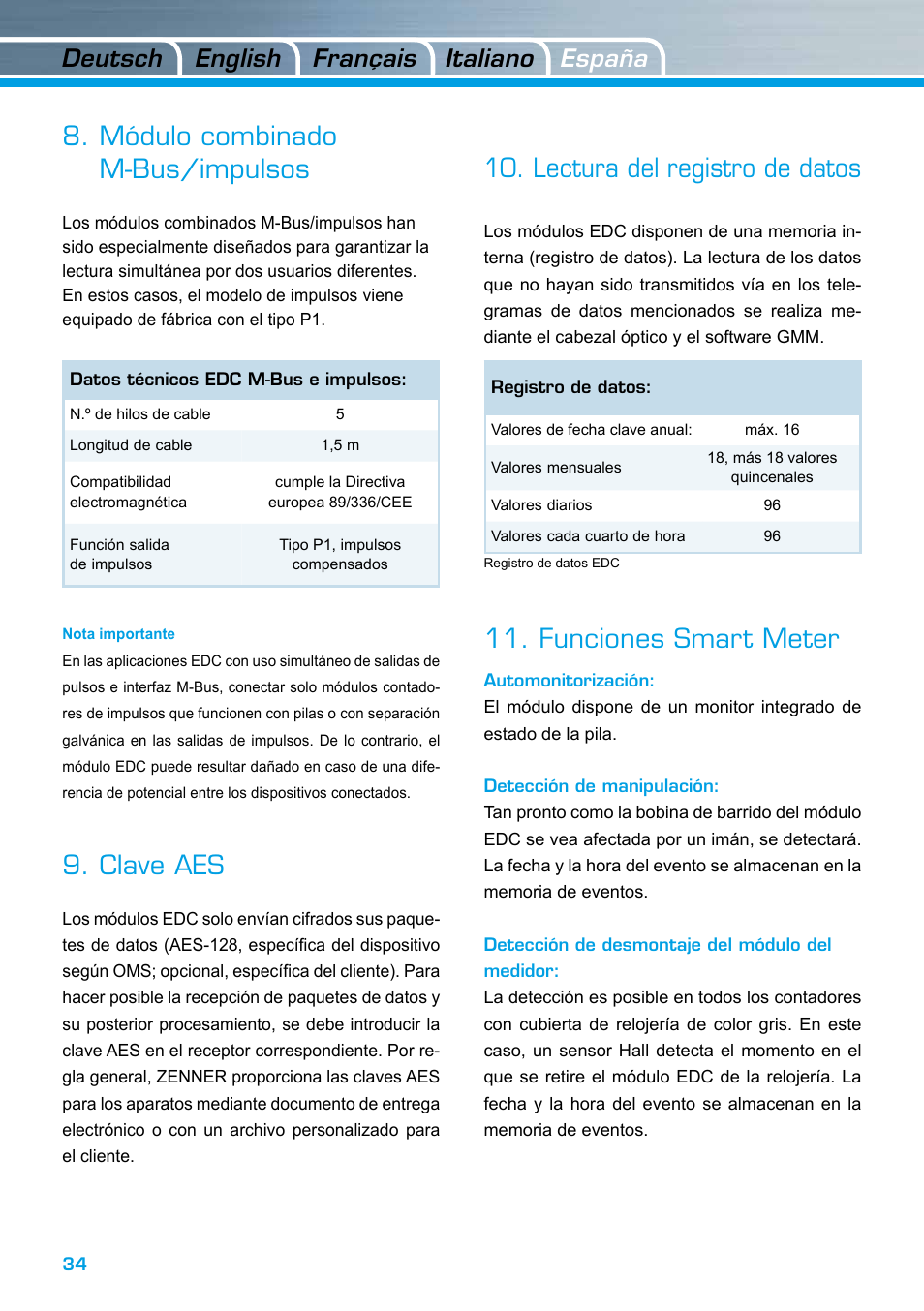 Módulo combinado m-bus/impulsos, Clave aes, Lectura del registro de datos | Funciones smart meter, Deutsch italiano english españa français | ZENNER EDC – Electronic Data Capture Modul User Manual | Page 34 / 36