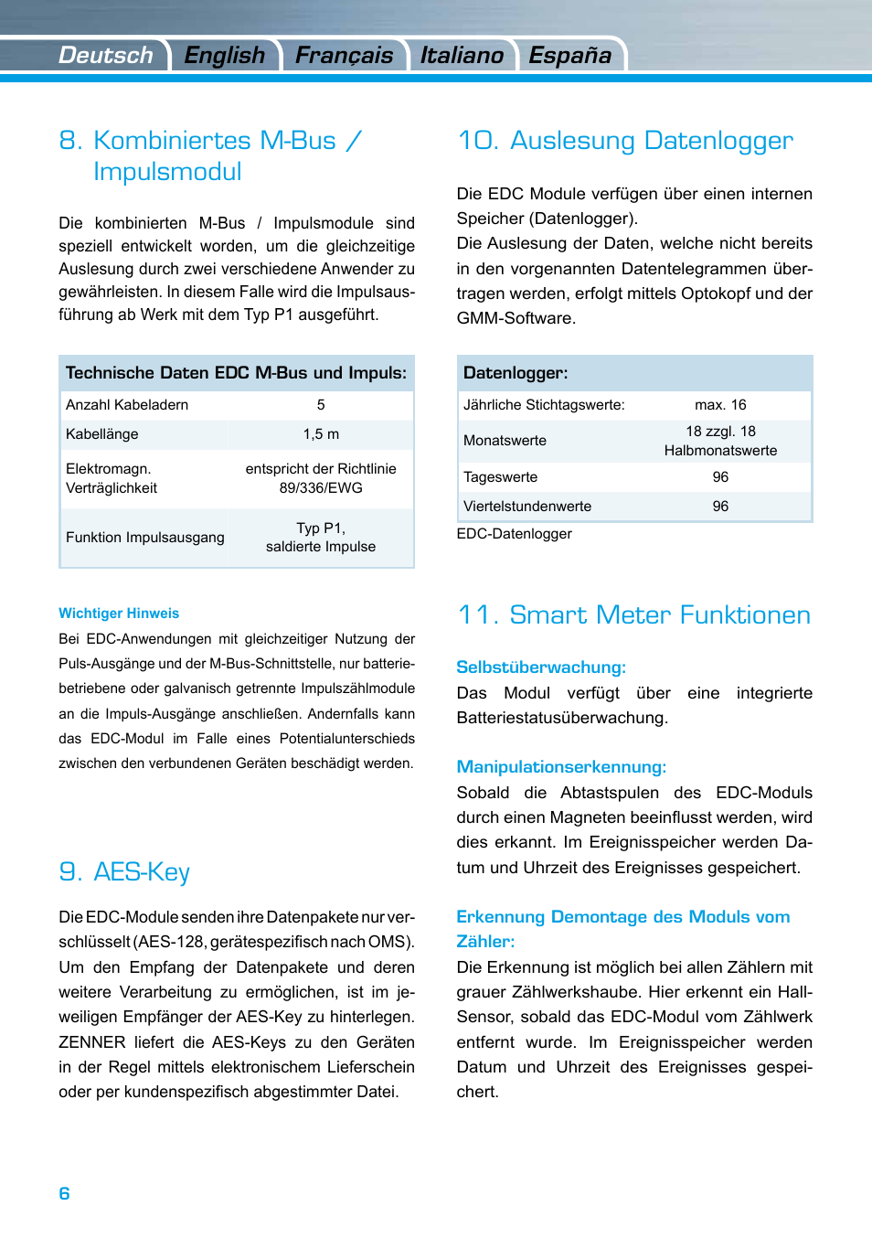 Kombiniertes m-bus / impulsmodul, Aes-key, Auslesung datenlogger | Smart meter funktionen, Deutsch italiano english españa français | ZENNER EDC – Electronic Data Capture Modul User Manual | Page 6 / 36