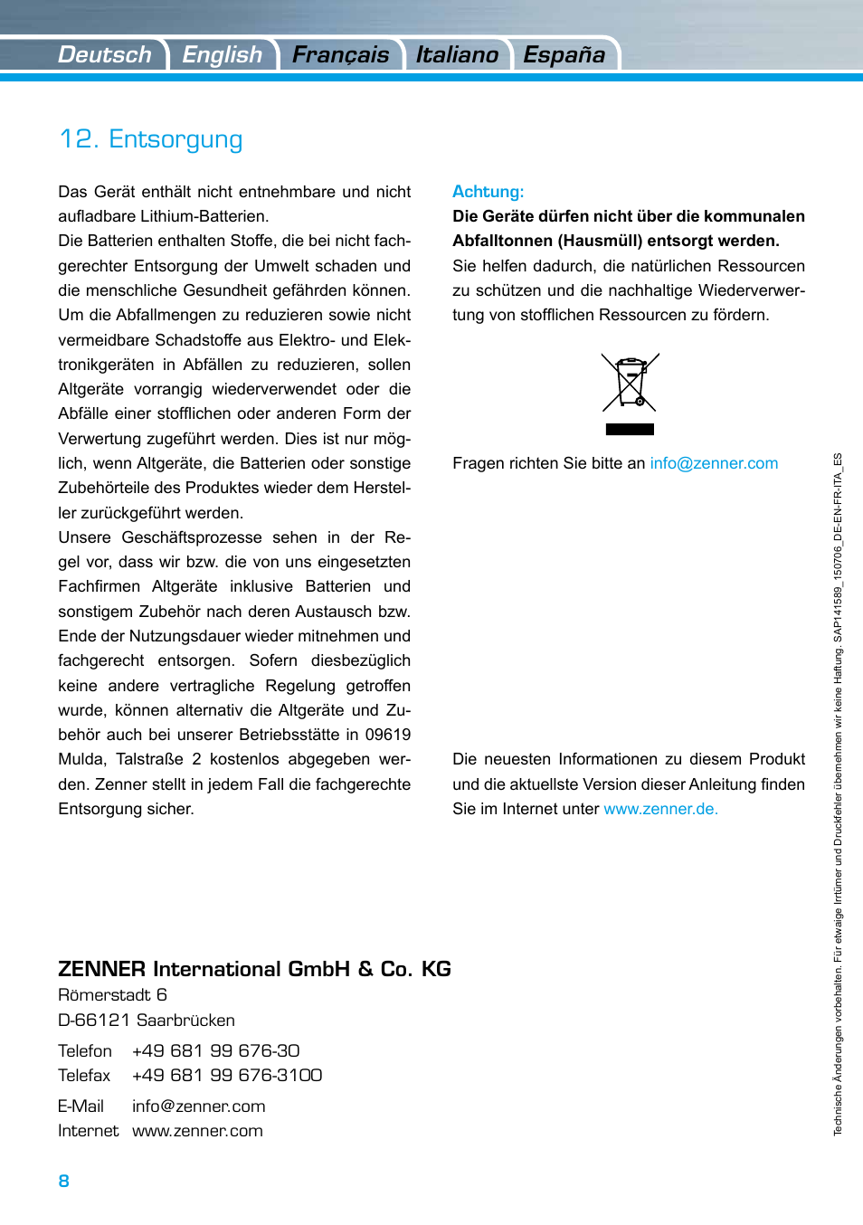 Entsorgung, Deutsch italiano english españa français | ZENNER EDC – Electronic Data Capture Modul User Manual | Page 8 / 36