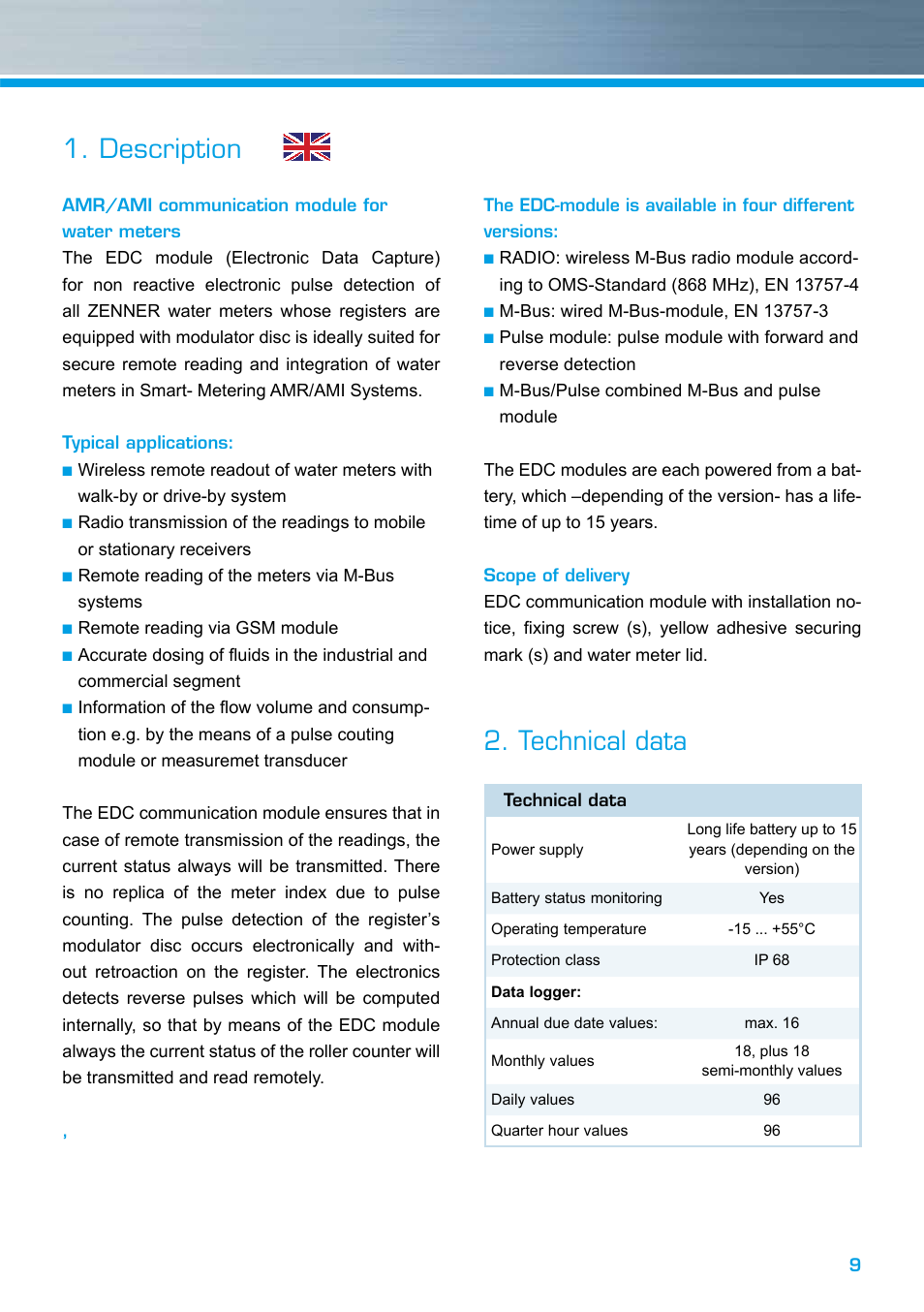Description, Technical data | ZENNER EDC – Electronic Data Capture Modul User Manual | Page 9 / 36
