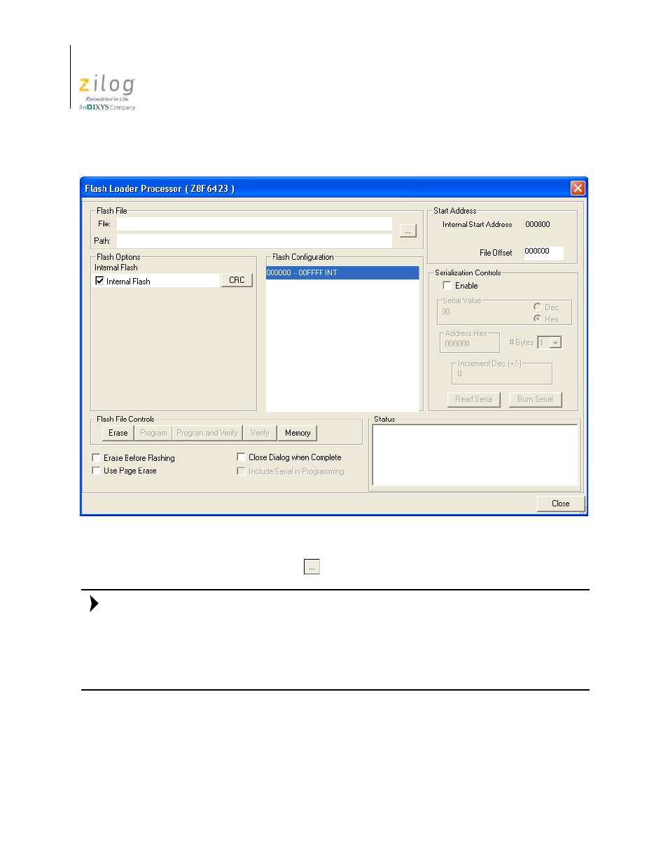 Figure 79. flash loader processor dialog box | Zilog Z8F0130 User Manual | Page 150 / 582