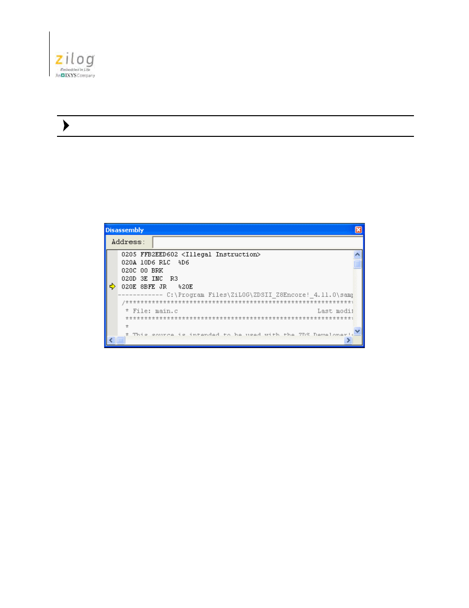 Disassembly window, Figure 157. disassembly window, In the | Zilog Z8F0130 User Manual | Page 426 / 582