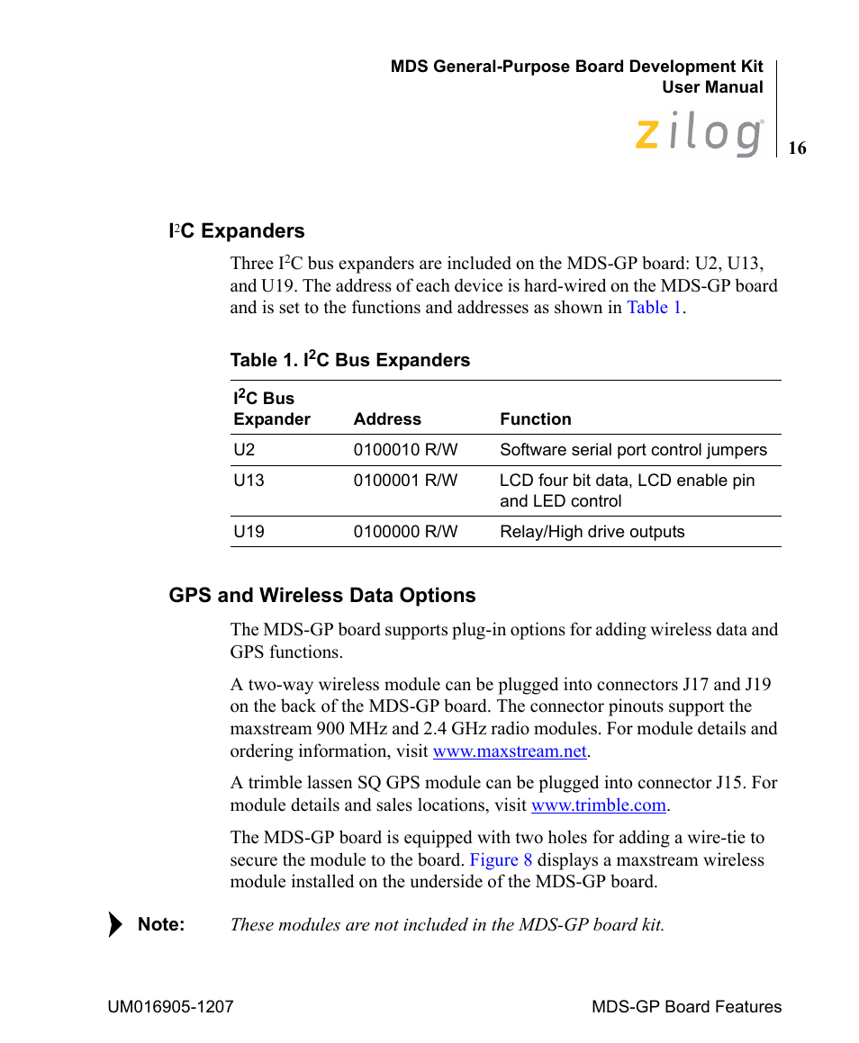 I2c expanders, Gps and wireless data options, C expanders | Zilog Z8F0411 User Manual | Page 21 / 83
