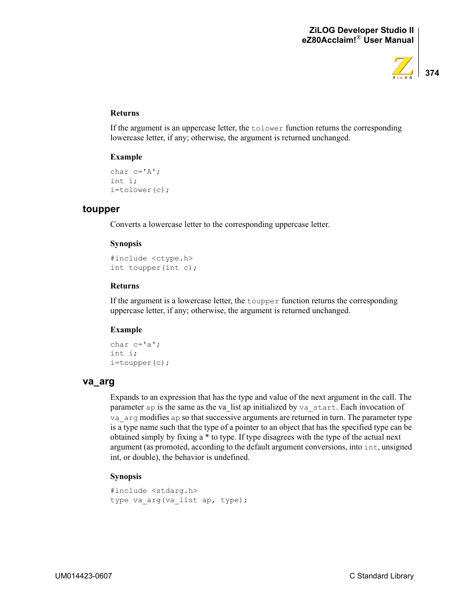 Toupper, Va_arg, Toupper va_arg | Zilog EZ80F916 User Manual | Page 394 / 469