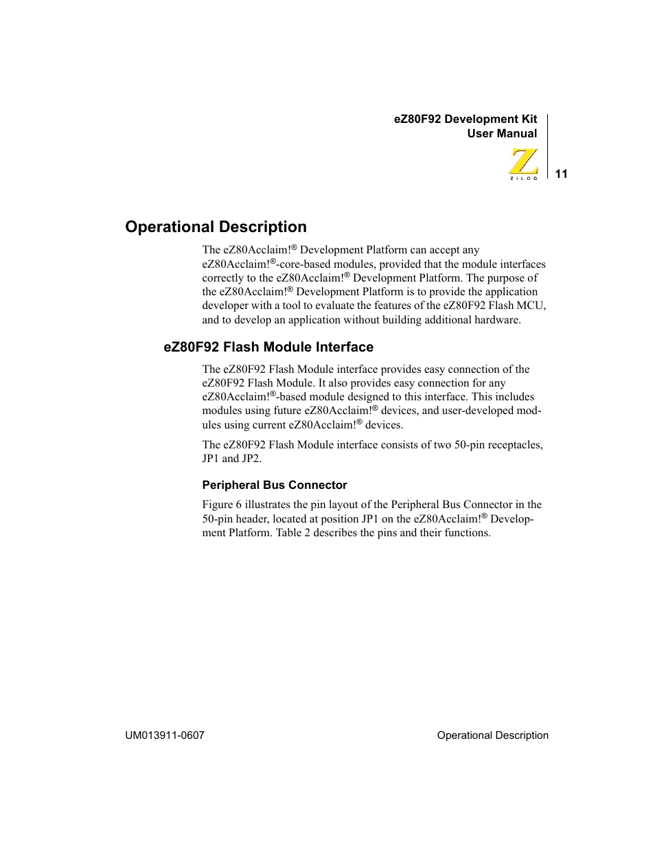 Operational description, Ez80f92 flash module interface | Zilog eZ80F92 User Manual | Page 15 / 87