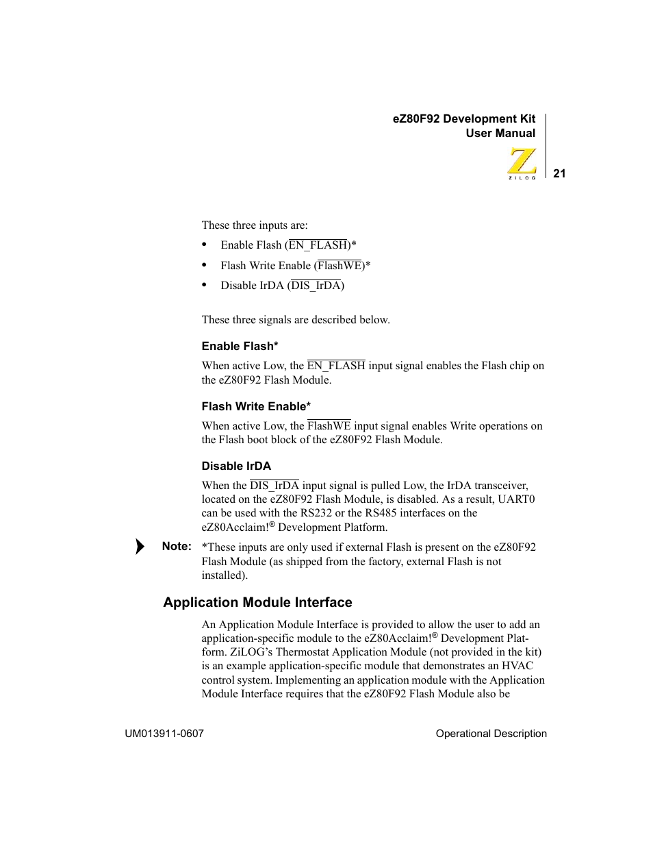 Application module interface | Zilog eZ80F92 User Manual | Page 25 / 87