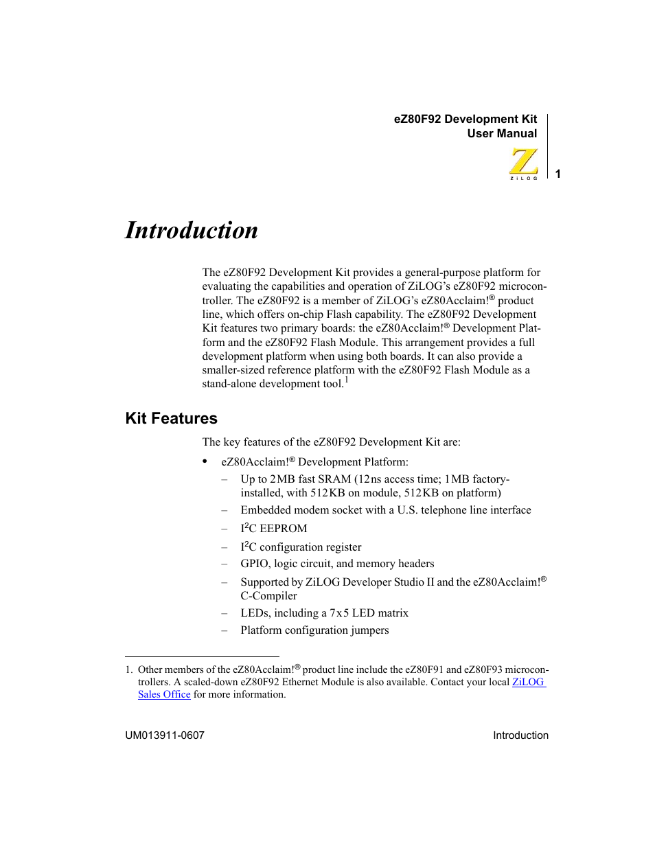 Introduction, Kit features | Zilog eZ80F92 User Manual | Page 5 / 87