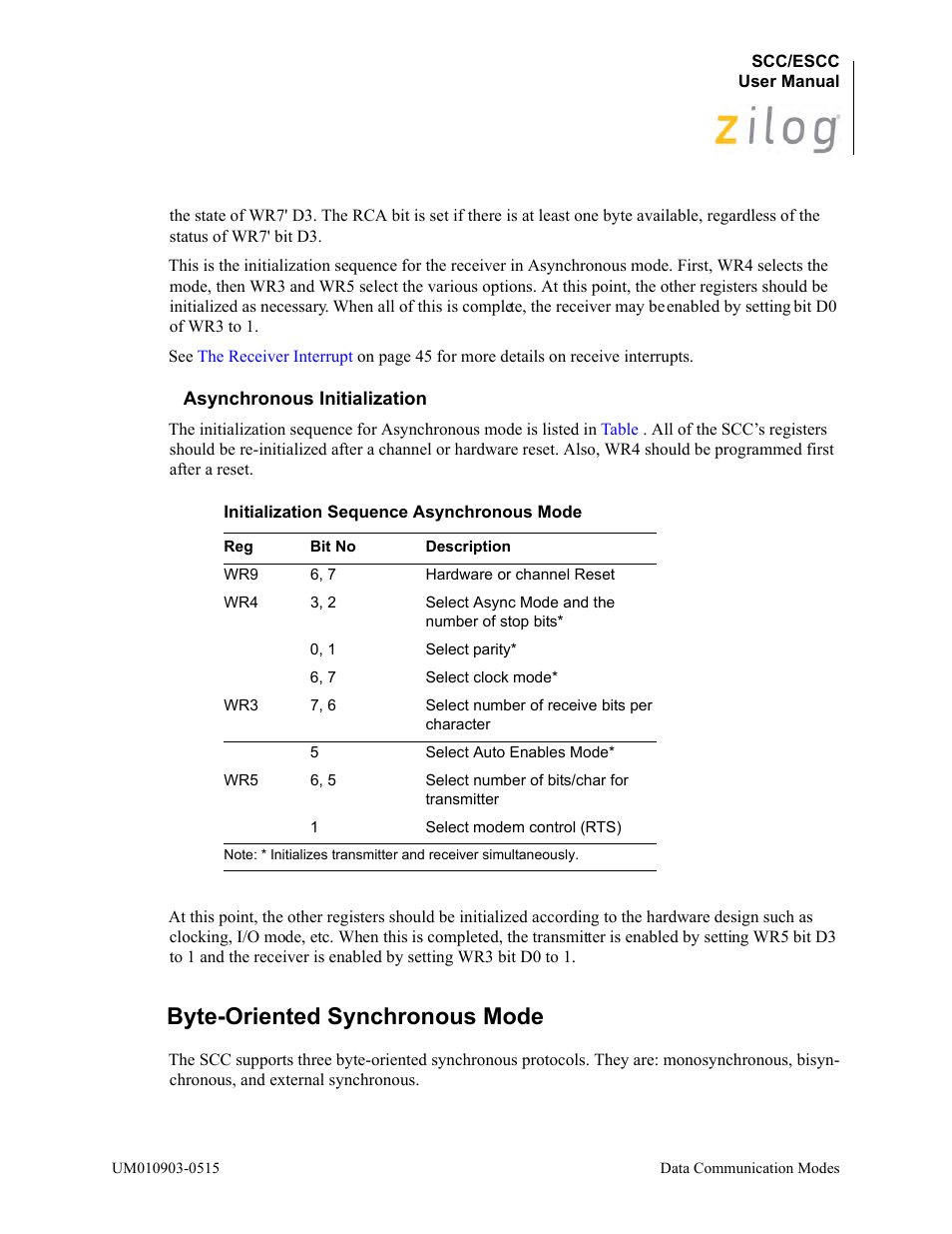 Asynchronous initialization, Byte-oriented synchronous mode | Zilog Z80230 User Manual | Page 105 / 394