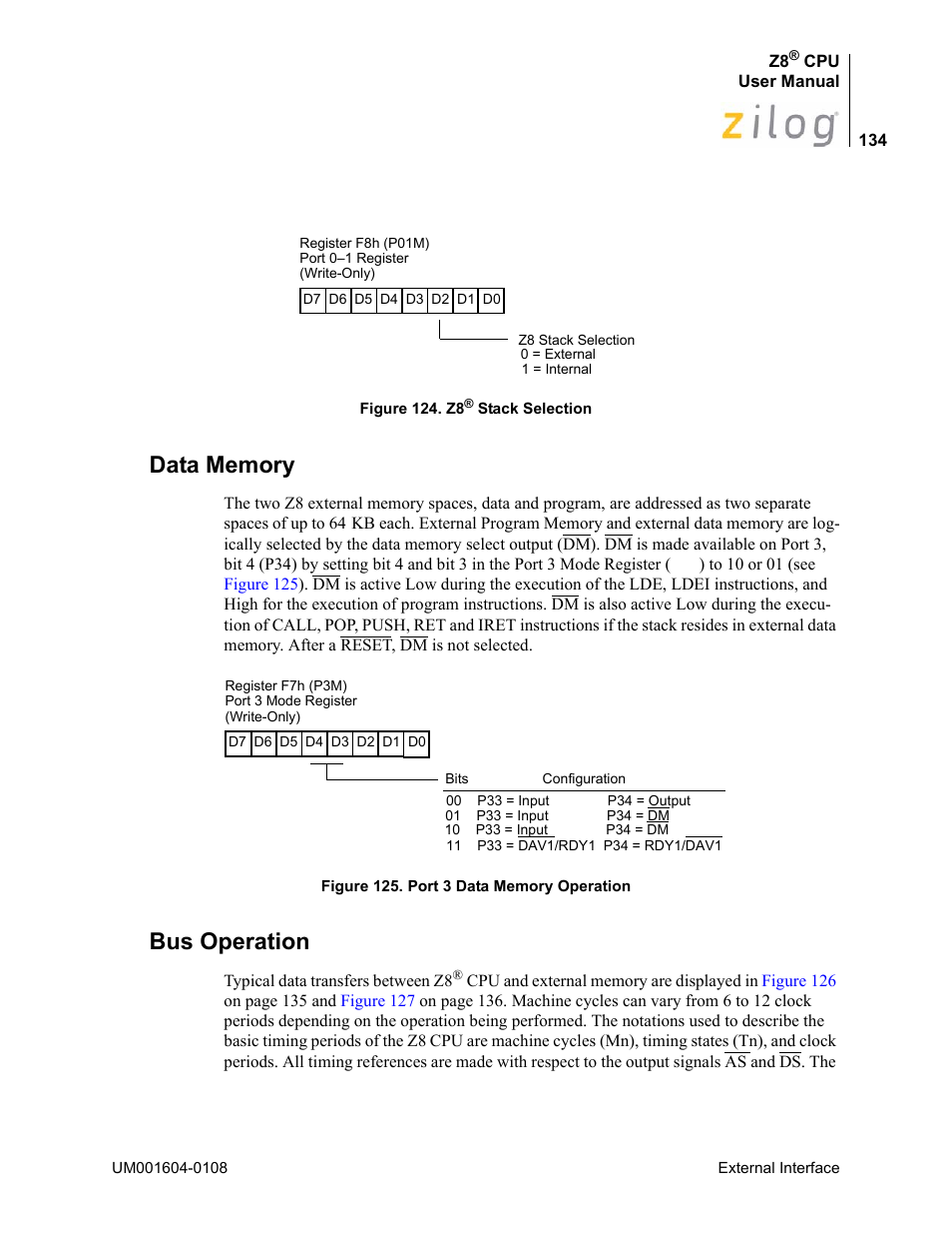 Data memory, Bus operation, Data memory bus operation | Figure 124 | Zilog Z86193 User Manual | Page 141 / 260