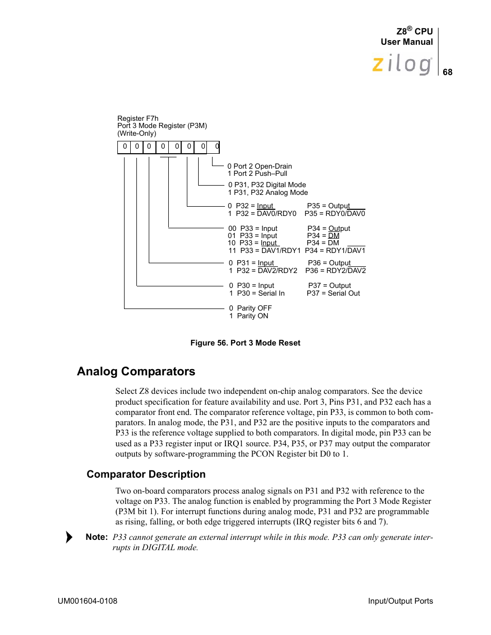 Analog comparators, Comparator description, Figure 56 | Zilog Z86193 User Manual | Page 75 / 260