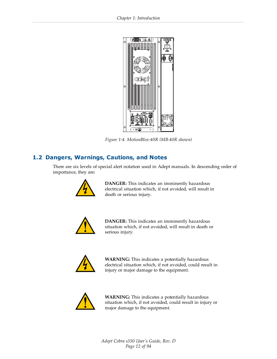 2 dangers, warnings, cautions, and notes | Adept s350 Cobra User Manual | Page 12 / 94
