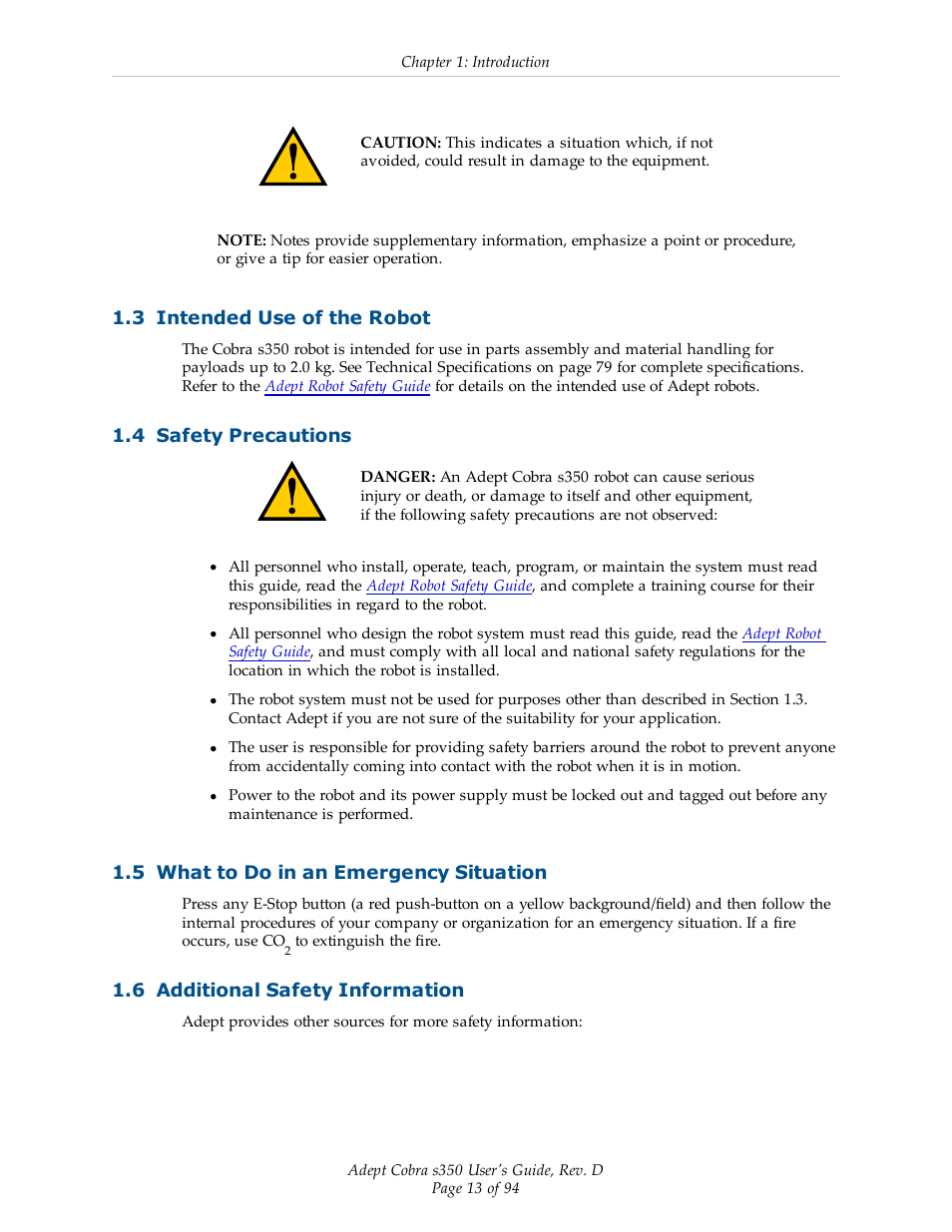3 intended use of the robot, 4 safety precautions, 5 what to do in an emergency situation | 6 additional safety information | Adept s350 Cobra User Manual | Page 13 / 94