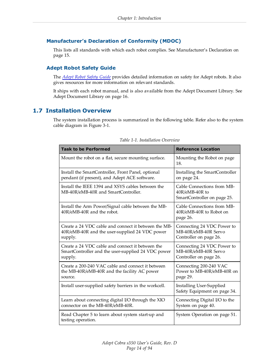 Manufacturer’s declaration of conformity (mdoc), Adept robot safety guide, 7 installation overview | Adept s350 Cobra User Manual | Page 14 / 94