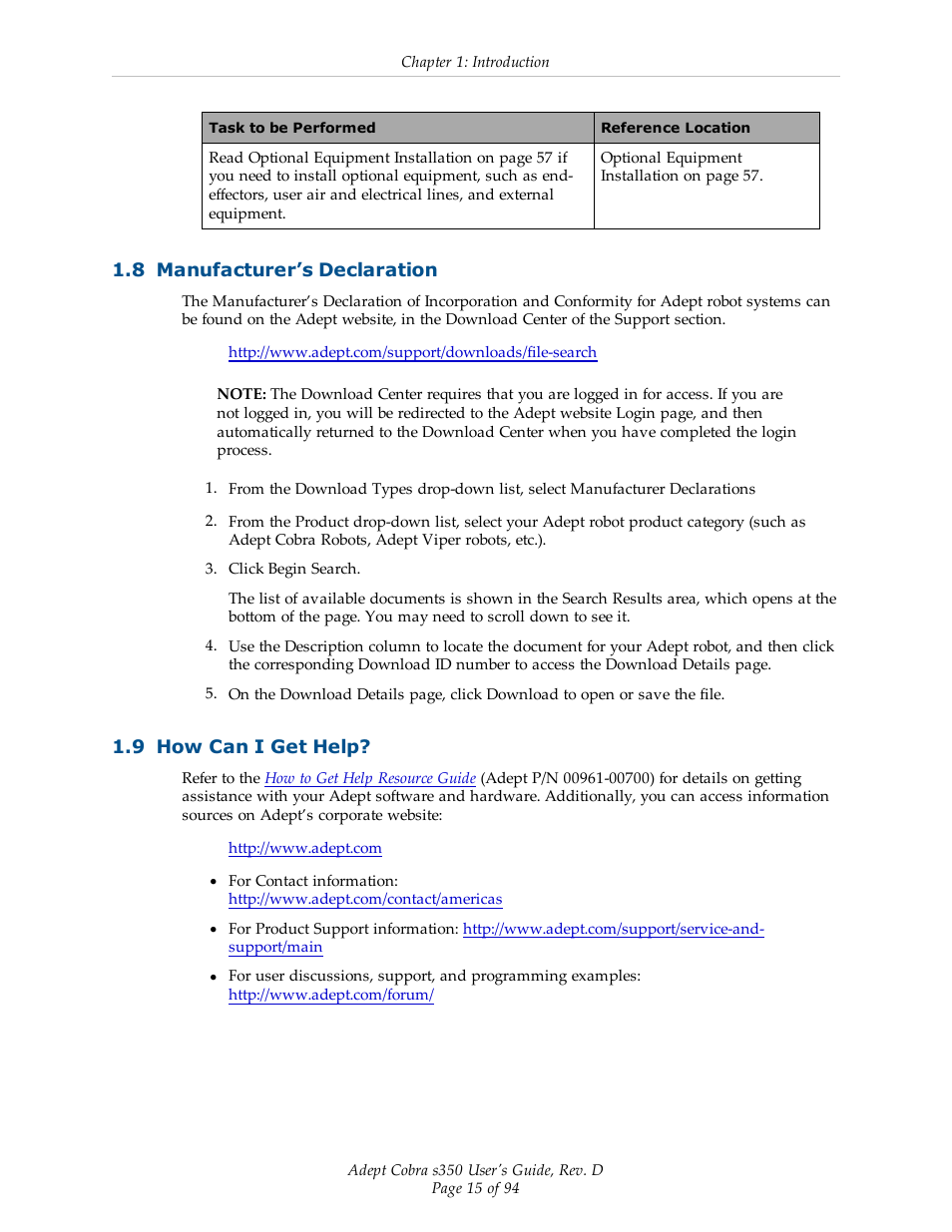 8 manufacturer’s declaration, 9 how can i get help | Adept s350 Cobra User Manual | Page 15 / 94
