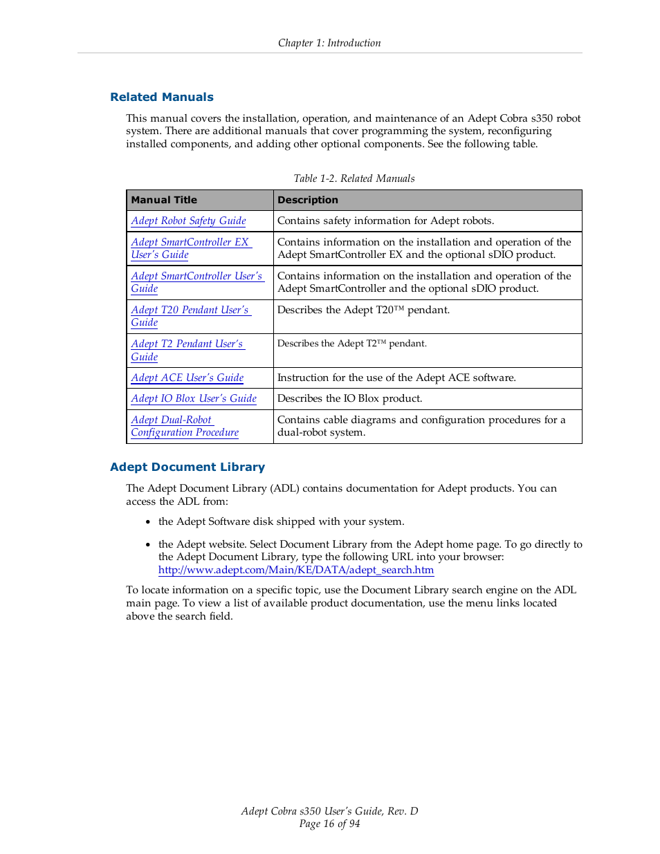 Related manuals, Adept document library | Adept s350 Cobra User Manual | Page 16 / 94