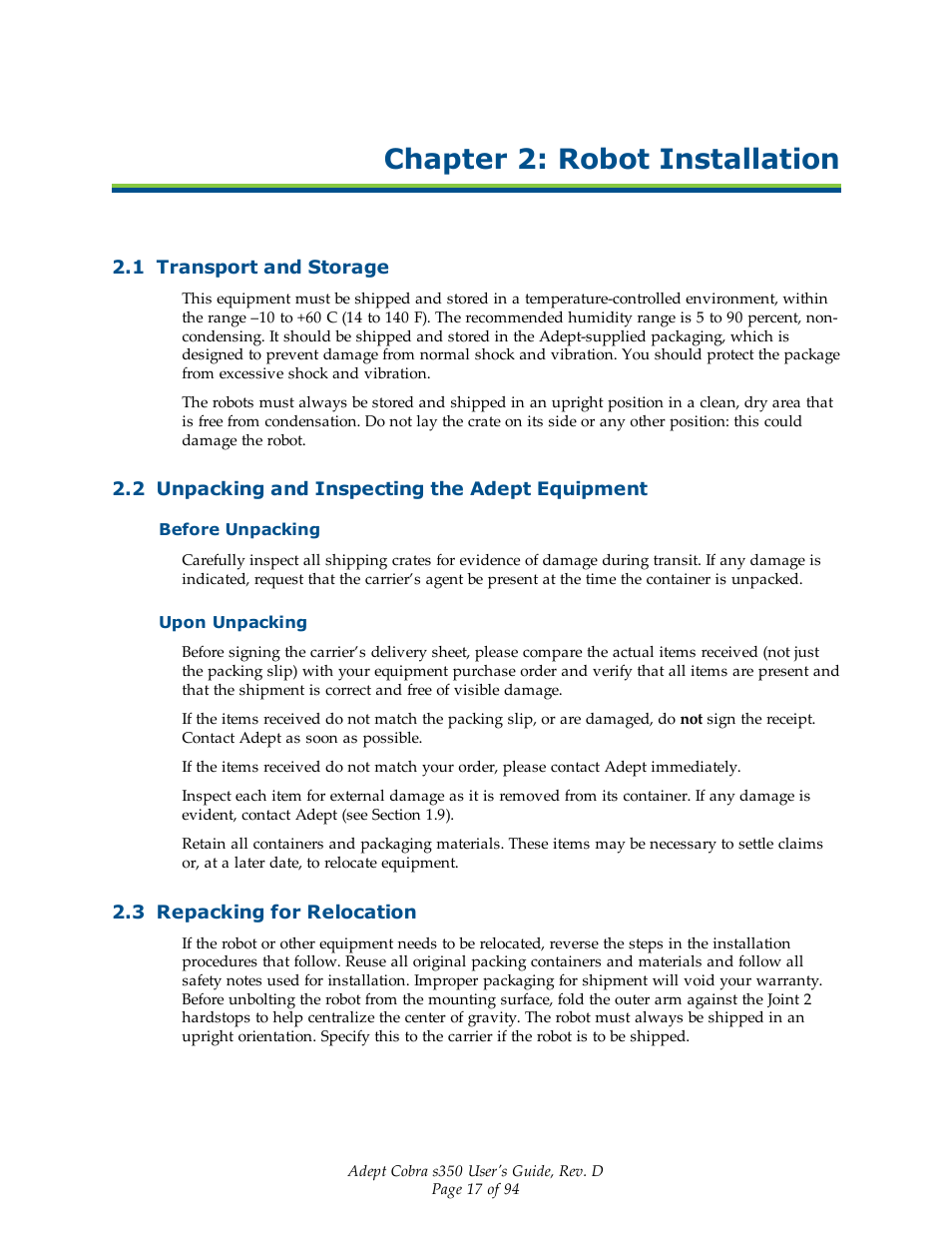 Chapter 2: robot installation, 1 transport and storage, 2 unpacking and inspecting the adept equipment | Before unpacking, Upon unpacking, 3 repacking for relocation | Adept s350 Cobra User Manual | Page 17 / 94